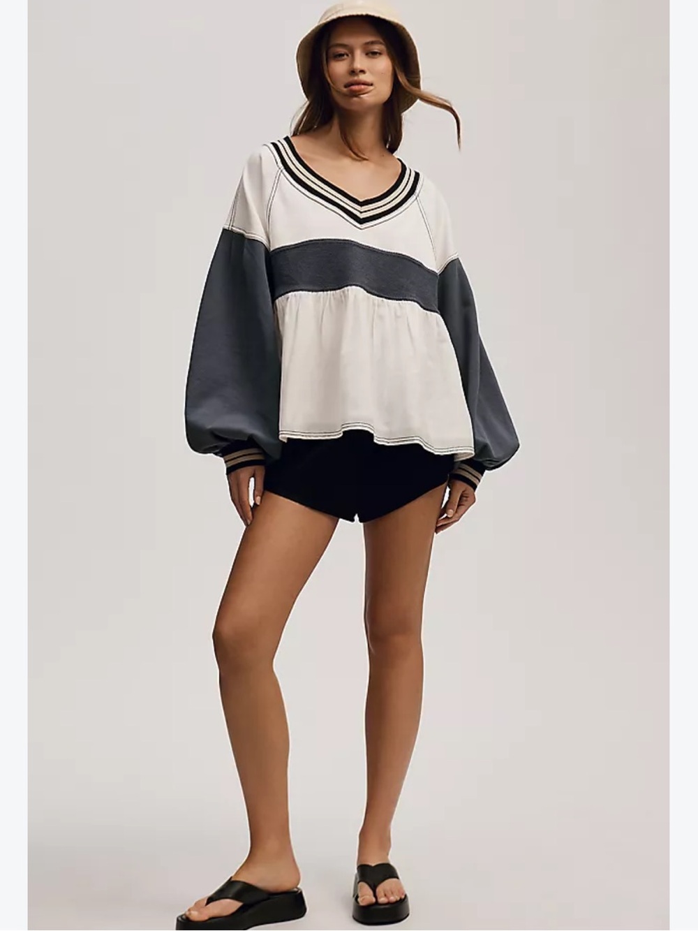 Pilcro Knit Reworked Long-Sleeve Babydoll Top Blue Medium